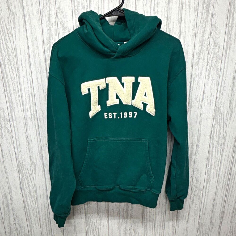 TNA Sweatfleece Cozy Fleece Womens Size M Green Pullover Hoodie Pockets Logo